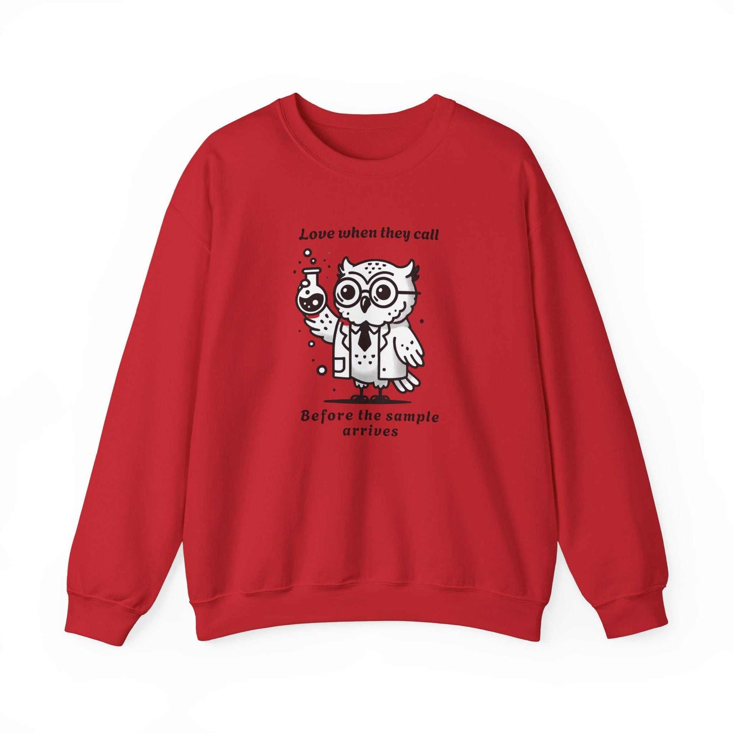 Red CLS crewneck sweatshirt with a playful owl graphic and sarcastic laboratory theme, perfect for clinical lab scientists.